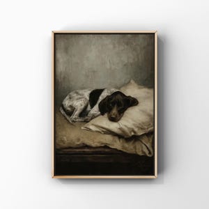 Könnte beinhalten: Gerahmter Kunstdruck eines Hundes, der auf einem Kissen schläft. Der Hund hat braune und weiße Flecken. Das Kissen ist hellbeige und der Hintergrund ist ein gedämpftes Grau.