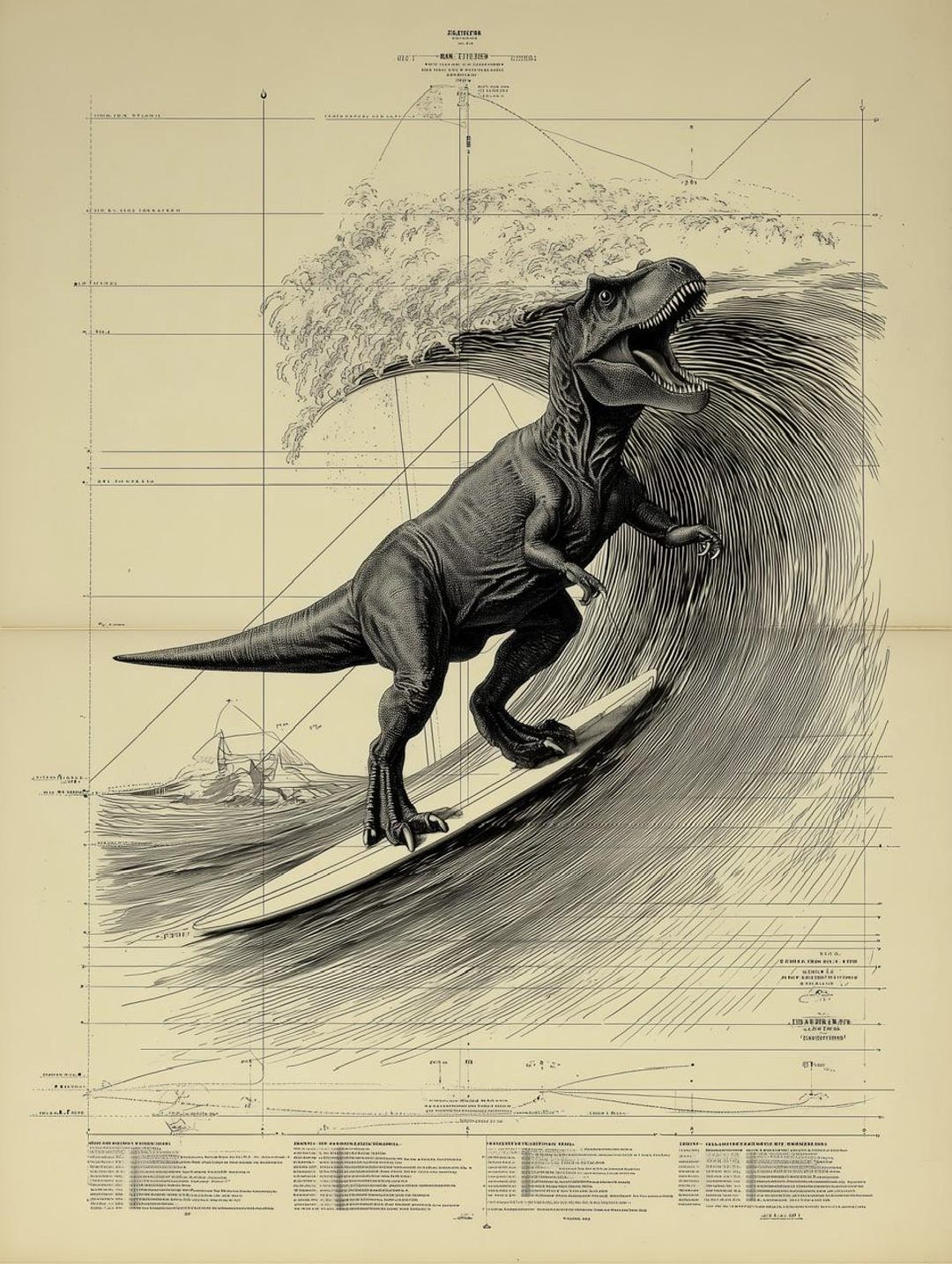 T-rex Surfing Wave Poster, Dinosaur Art Print, Black and White Poster ...