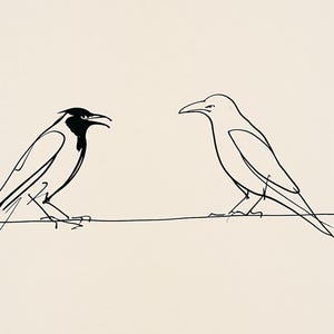 Affiche artistique minimaliste représentant deux corbeaux conversant sur un fil de fer, avec un motif noir et blanc. Décoration murale d'oiseaux gothiques, croquis moderne de corvidés.