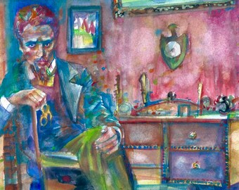 Rainer Maria Rilké en su estudio - retrato en acuarela - Póster - ¡varios tamaños disponibles! Lámina artística