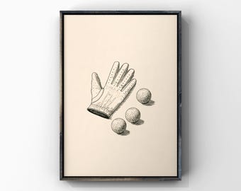 Golf Glove and Balls Print, Vintage Leather Equipment Poster, Classic Crosshatch Sport Wall Decor, Golfing Ink Illustration,Digital Download
