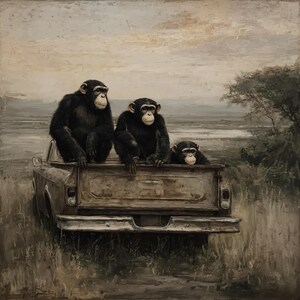 May include: An oil painting shows three chimpanzees in the back of an old pickup truck. The chimps, with black fur and pale faces, are set against a backdrop of a muted landscape under a cloudy sky. The truck is weathered.