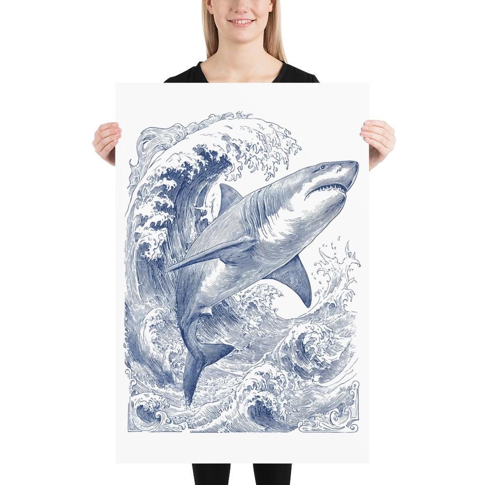 サメのインク画ポスター、海洋アートプリント - Etsy 日本