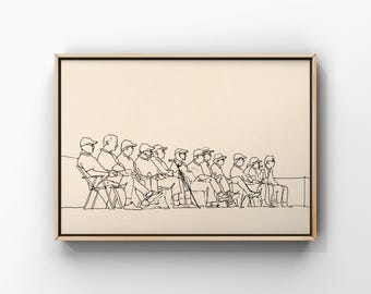 Golf Tournament Spectators Line Art, Crowd Sitting Profile Sketch Drawing, Minimalist Sports Fans Poster, Office Wall Decor,Digital Download