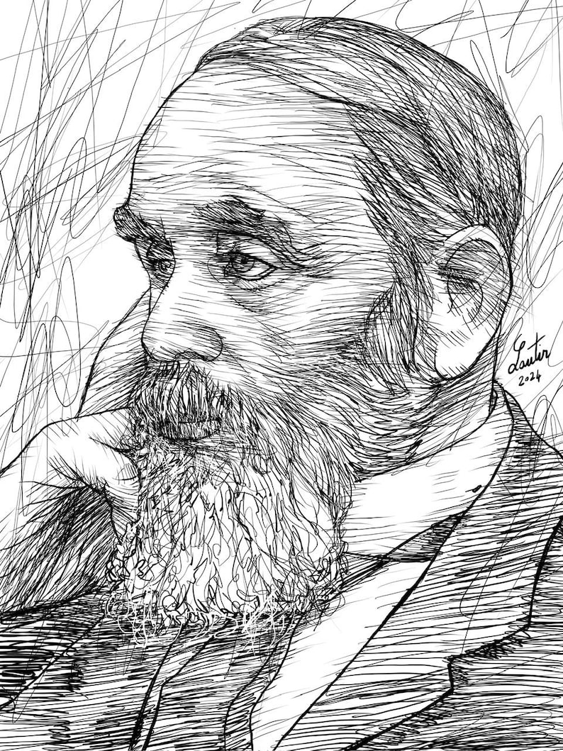 May include: A black and white line drawing of a man with a beard and mustache. The drawing is done in a style that resembles a sketch.