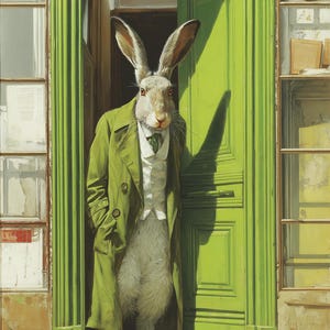 May include: A rabbit in a green coat and waistcoat stands in a doorway. The rabbit has long ears and is wearing a white waistcoat and a green tie. The door and frame are painted a vibrant green colour.