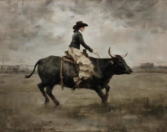 Cowgirl Riding Bull Art Print, Vintage Rodeo Painting