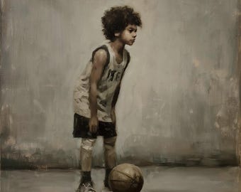 Vintage Basketball Boy Painting Poster, Antique Athlete Print, Kid with Basketball Wall Art, Nostalgic Sports Decor, Fine Art Painting