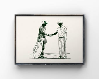 Golf Handshake Ink Sketch Poster, Two Golfers Shaking Hands Art, Sportsmanship Minimalist Line Print, Golf Bag Wall Decor, Digital Download