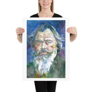 May include: Watercolor painting of a man with a long white beard and mustache. He is wearing a dark green jacket and has a blue background.