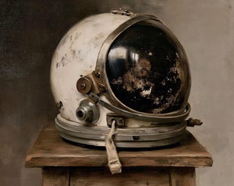 Astronaut helmet poster, Vintage space poster, Fine art canvas print, Retro cosmos wall decor, Sci-fi art gift, Moody space artwork