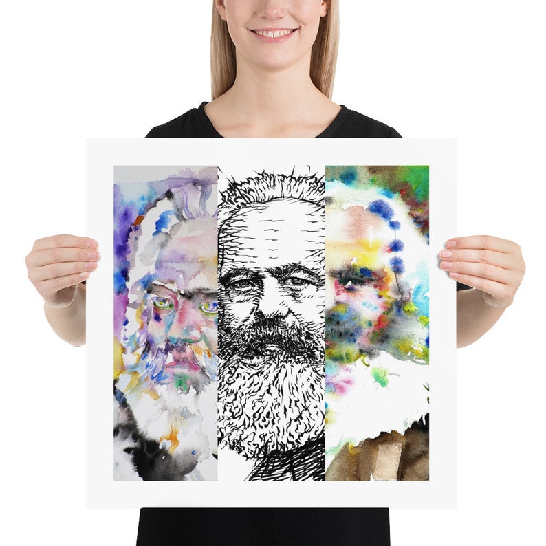 May include: A watercolor painting of three men with beards. The middle man is in black and white, while the men on either side are in watercolor.