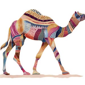 May include: A colorful illustration of a camel walking on a light brown surface. The camel's body is composed of various patterned patches in shades of pink, blue, orange, and purple. The background is white.