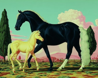 Surreal Two Horses Art Print, Black and Yellow Stallion Poster