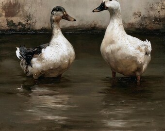 Muted Vintage Ducks Art Print, Antique Lake Oil Painting, Moody Waterfowl Poster, Rustic Cabin Wall Decor, Traditional Countryside Painting