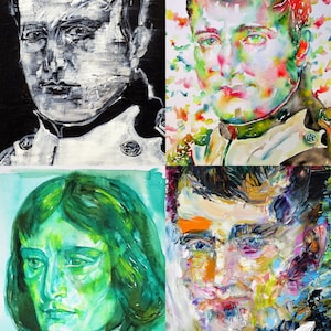 May include: A collage of four paintings depicting portraits of historical figures. The paintings are in different styles and colors, with one being black and white, one being a watercolor, and two being more abstract. The figures are all men with serious expressions.