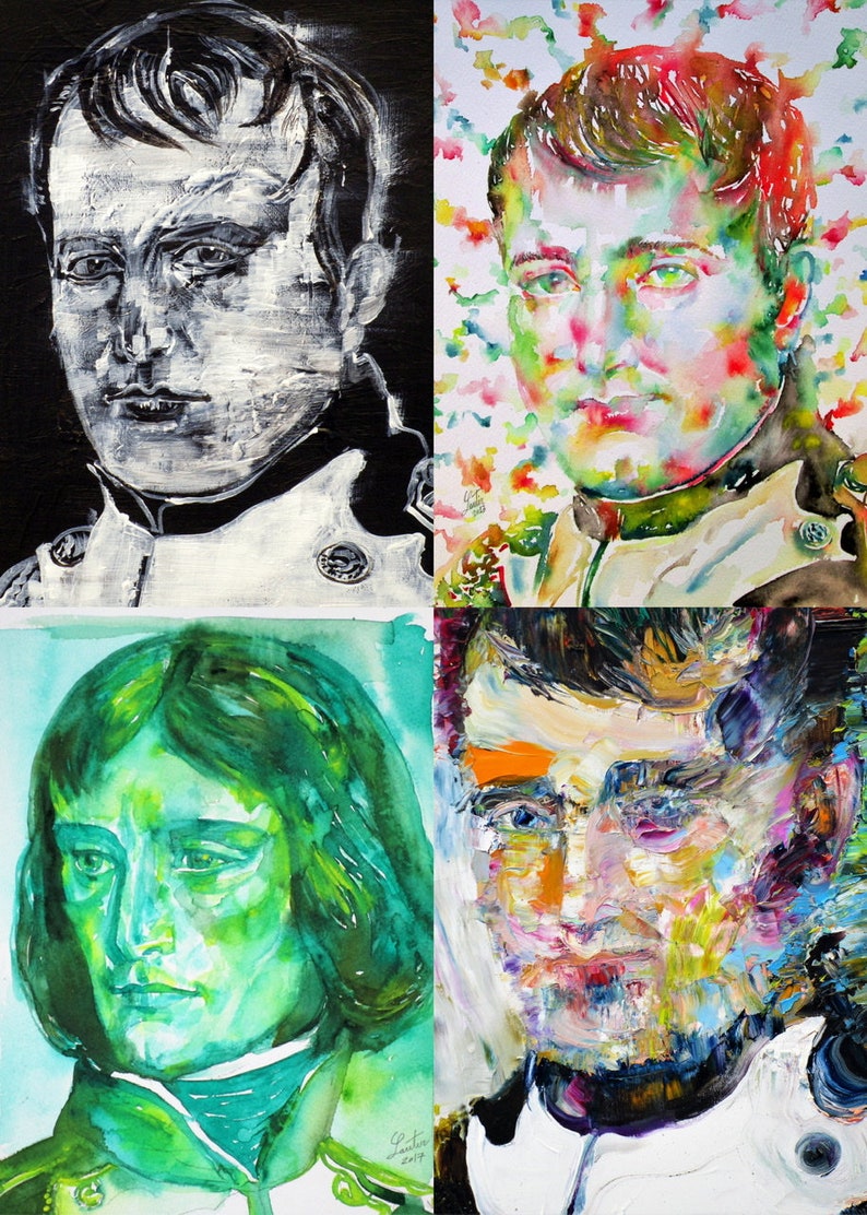 May include: A collage of four paintings depicting portraits of historical figures. The paintings are in different styles and colors, with one being black and white, one being a watercolor, and two being more abstract. The figures are all men with serious expressions.
