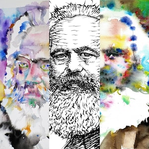 May include: A watercolor painting of a man's face with a black and white ink drawing of the same face superimposed over it. The watercolor painting is in shades of blue, purple, pink, and yellow. The ink drawing is detailed and shows the man's beard and hair.