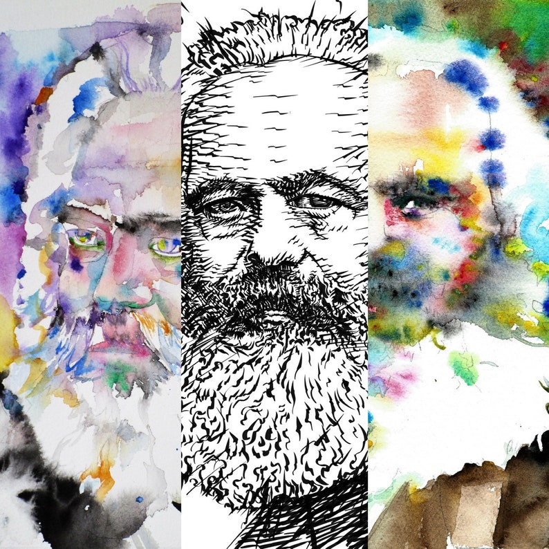 May include: A watercolor painting of a man's face with a black and white ink drawing of the same face superimposed over it. The watercolor painting is in shades of blue, purple, pink, and yellow. The ink drawing is detailed and shows the man's beard and hair.