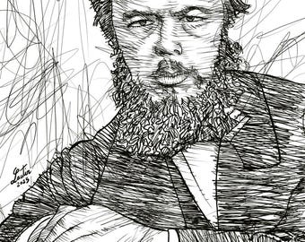 FYODOR DOSTOEVSKY-inktportret - POSTER - verschillende maten beschikbaar! schilderij tekening karamazov dostojevskij dostojevski