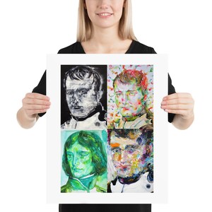 May include: A collage of four paintings of Napoleon Bonaparte. Each painting is in a different style and color palette. The paintings are arranged in a grid pattern.