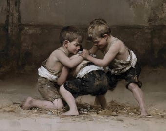 Vintage Three Boys Wrestling Poster, Antique Oil Painting Print, Fine Art Decor, Moody Canvas Print, Academic Art, Country Living Room Art