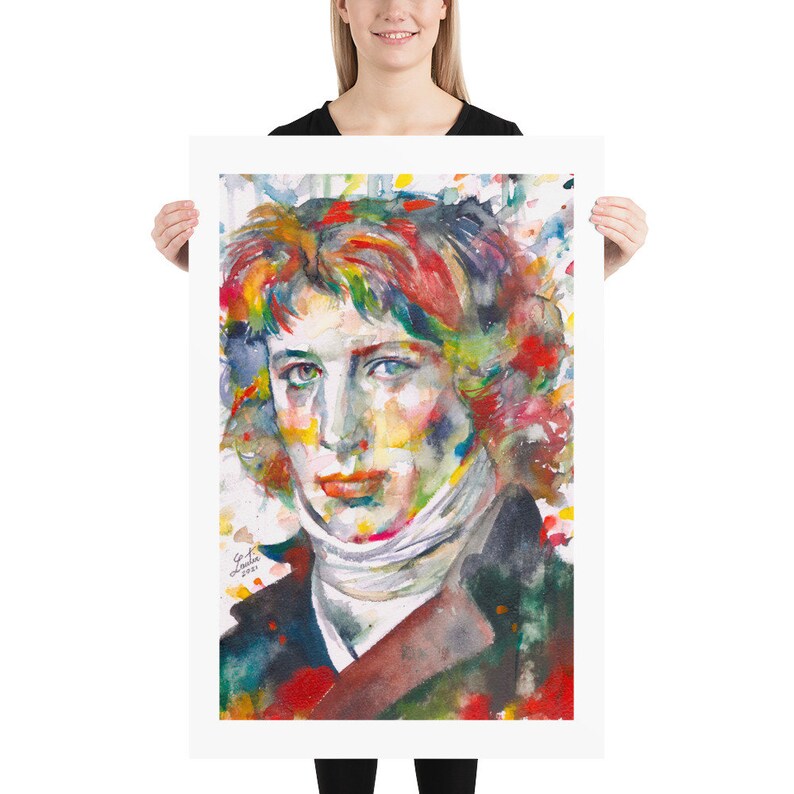 May include: A watercolor painting of a man with long, curly hair. The painting is done in a colorful style, with splashes of red, yellow, blue, green, and purple. The man's face is the focus of the painting, and his eyes are looking directly at the viewer.