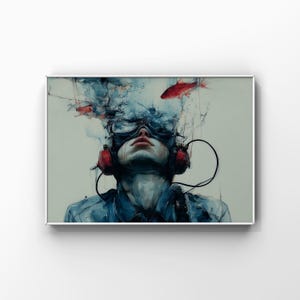 Op de afbeelding: Kunstafdruk van een persoon met een bril en een koptelefoon, met rode vissen en blauwe rookachtige beelden. De persoon draagt een blauw overhemd. Het kunstwerk heeft een surrealistische, dromerige kwaliteit, met een focus op kleur en abstracte vormen.