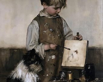 Vintage Boy Painting with Dog Poster, Antique Child Artist Oil Painting Print, Dog Wall Art, Moody Canvas Print, Academic Fine Art Decor
