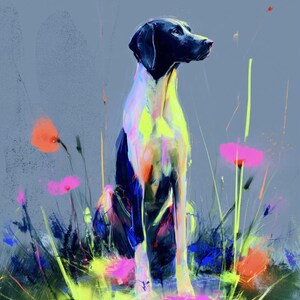 May include: An artistic painting of a dog sitting in a field of colorful flowers. The dog has a black head and back, with a white and yellow body. The flowers are pink, orange, and yellow, with green grass and a blue background.