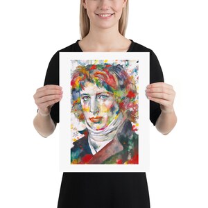 May include: A watercolor painting of a man with brown hair and blue eyes. The painting is done in a colorful style with splashes of red, yellow, green, and blue.