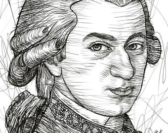 WOLFGANG AMADEUS MOZART ink portrait - poster - various sizes ! art print composer classical music musician