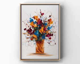 Impressão artística floral abstrata e colorida, natureza morta com vaso de flores (download digital)