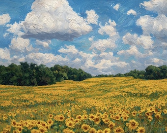 Sunflower Field Oil Painting Poster, Blue Sky Art Print