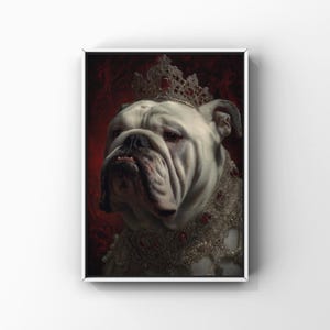 Op de afbeelding: Een ingelijst portret van een witte Engelse bulldog met een juwelen kroon en een sierlijke halsband. Het gezicht van de hond is gedetailleerd, met rimpels en een serieuze uitdrukking. De achtergrond is dieprood, wat het koninklijke thema van het portret versterkt.