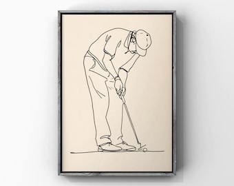 Golfer Putting Ink Sketch Poster, Minimalist Putter Golf Ball Art Print, Men Concentration Hobby Room Wall Decor Painting, Digital Download