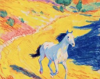 White Horse Galloping Art Print, Colorful Meadow, Equine Wall Decor