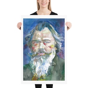 May include: Watercolor painting of a man with a long white beard and mustache. He is wearing a dark green jacket and has a blue background.