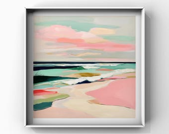 Lámina de paisaje marino en tonos pastel – Arte costero de playa (Descarga digital)