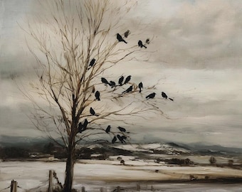 Crows Winter Tree Print, Snowy Landscape Art Poster