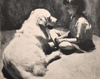 Póster de un niño abrazando a un golden retriever, arte mural sobre la compañía de los perros, decoración para la habitación infantil.