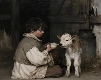 Vintage Boy Feeding Calf poster, Antique Farmhouse Wall Art, Rustic Barn Poster, Country Cottagecore Decor, Cottage Life Fine Art Print