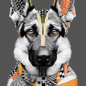 Puede incluir: Una impresión de arte digital de un perro pastor alemán con un diseño estampado. El pelaje del perro es negro, blanco y gris, con detalles en naranja y amarillo. El perro lleva una bufanda estampada sobre un fondo gris.