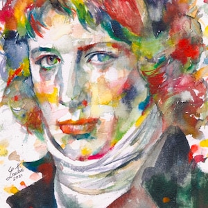May include: Watercolor painting of a person with red, green, and blue hair. The person is wearing a white turtleneck and a dark jacket. The painting is done in a loose, expressive style.
