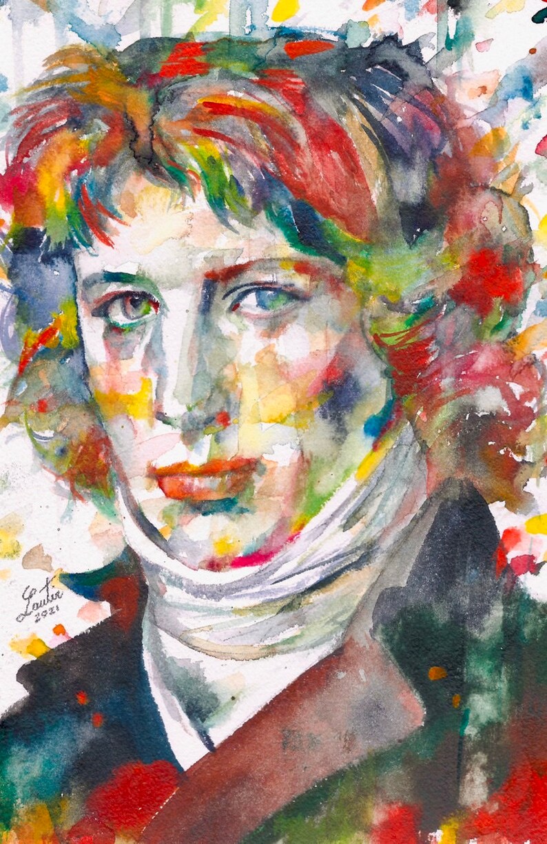May include: Watercolor painting of a person with red, green, and blue hair. The person is wearing a white turtleneck and a dark jacket. The painting is done in a loose, expressive style.