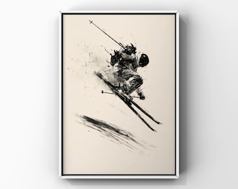 Ski Jump Art Print, Winter Sports Poster, Ink Skier Wall Decor, Dynamic Mountain Painting, Backcountry Freestyle Art, Digital Download