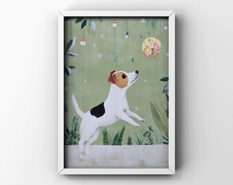 JACK RUSSELL TERRIER playing with ball | poster print | wall art decor | playful poster | dog poster | dog print | dogs | funny dog | dog