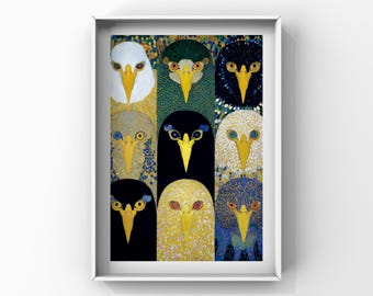 Stampa artistica con teste d'aquila, illustrazione eclettica di uccelli, arte murale massimalista colorata, poster vintage boho con aquila, download digitale con griglia di animali