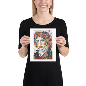 May include: A watercolor painting of a man with red hair and a white collar. The painting is done in a colorful style with splashes of blue, green, yellow, and red.