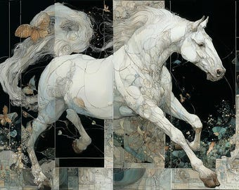 White Horse Art Print, Running Stallion with Butterflies
